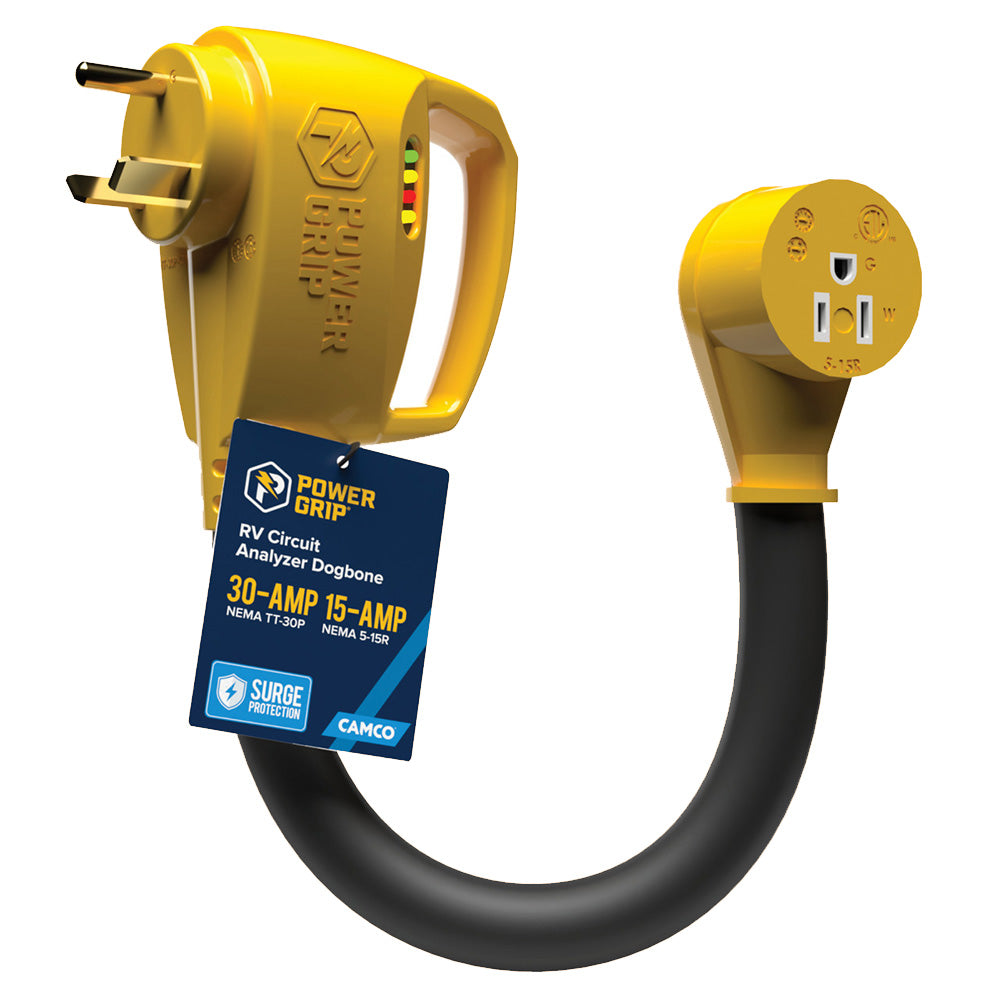 Camco Power Grip RV 12 30Amp Circuit Analyzer Dogbone  Integrated Surge Protection 55461